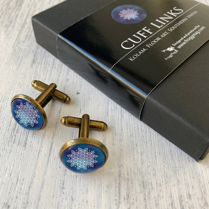 South Indian Art Metal Cuff Links With Antique Finish - Kolam Floor Art