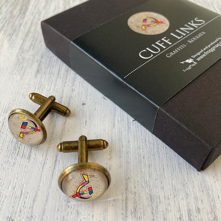 Kolkata Art Metal Cuff Links With Antique Finish - Graffiti