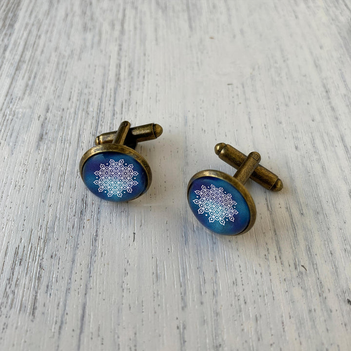 South Indian Art Metal Cuff Links With Antique Finish - Kolam Floor Art