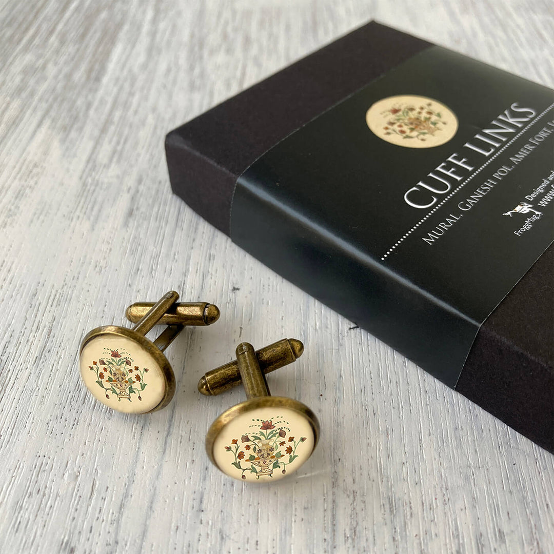 Rajasthani Art Metal Cuff Links With Antique Finish - Ganesh Pol Mural