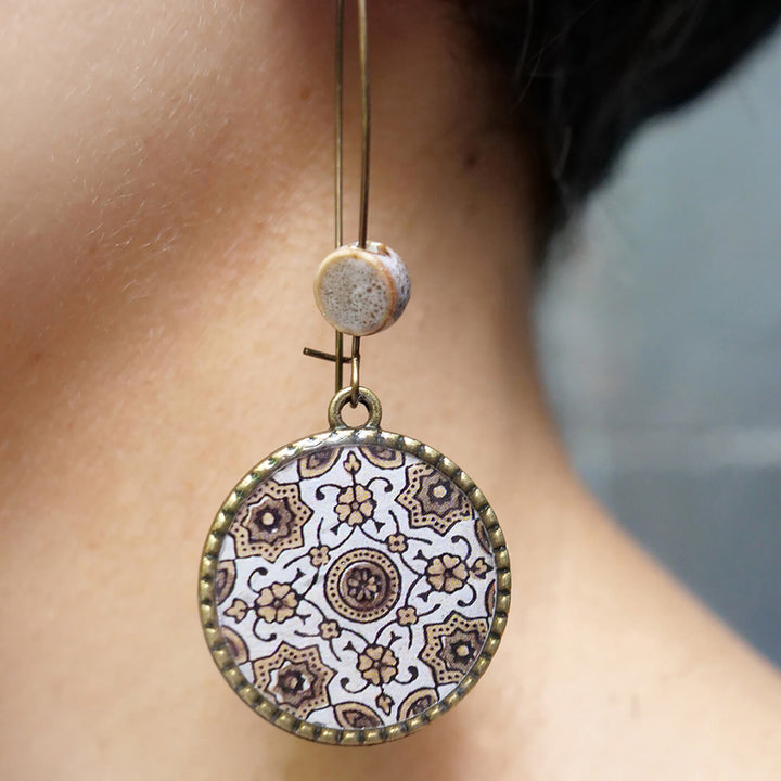 Hoop Earrings with Ceramic Bead - Brown Ajrakh Print