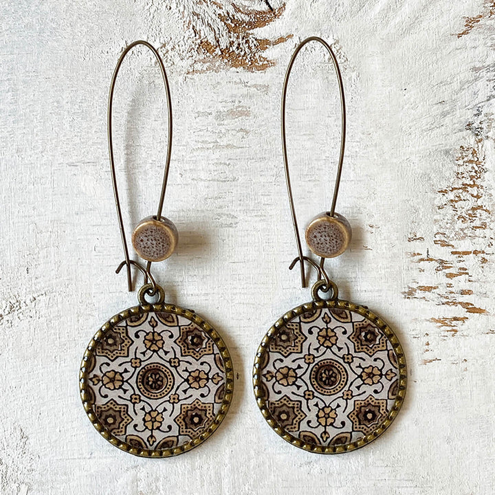 Hoop Earrings with Ceramic Bead - Brown Ajrakh Print