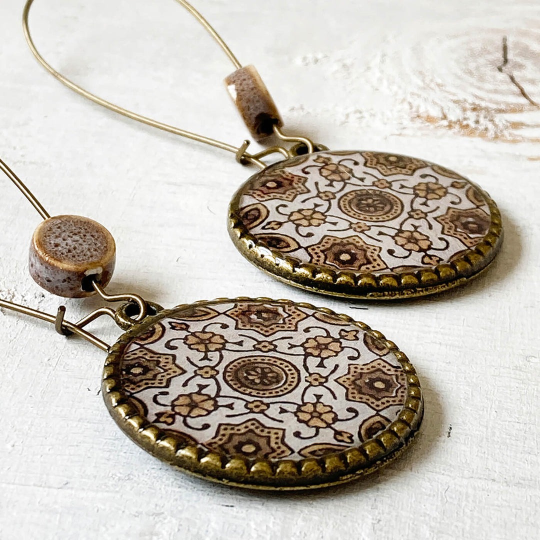 Hoop Earrings with Ceramic Bead - Brown Ajrakh Print - Zwende