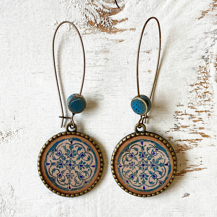 Hoop Earrings with Ceramic Bead - Orchcha Inlay Medallion