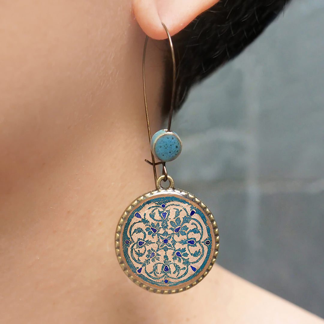 Hoop Earrings with Ceramic Bead - Orchcha Inlay Medallion