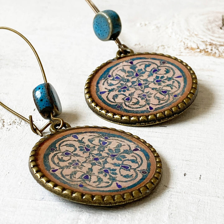 Hoop Earrings with Ceramic Bead - Orchcha Inlay Medallion