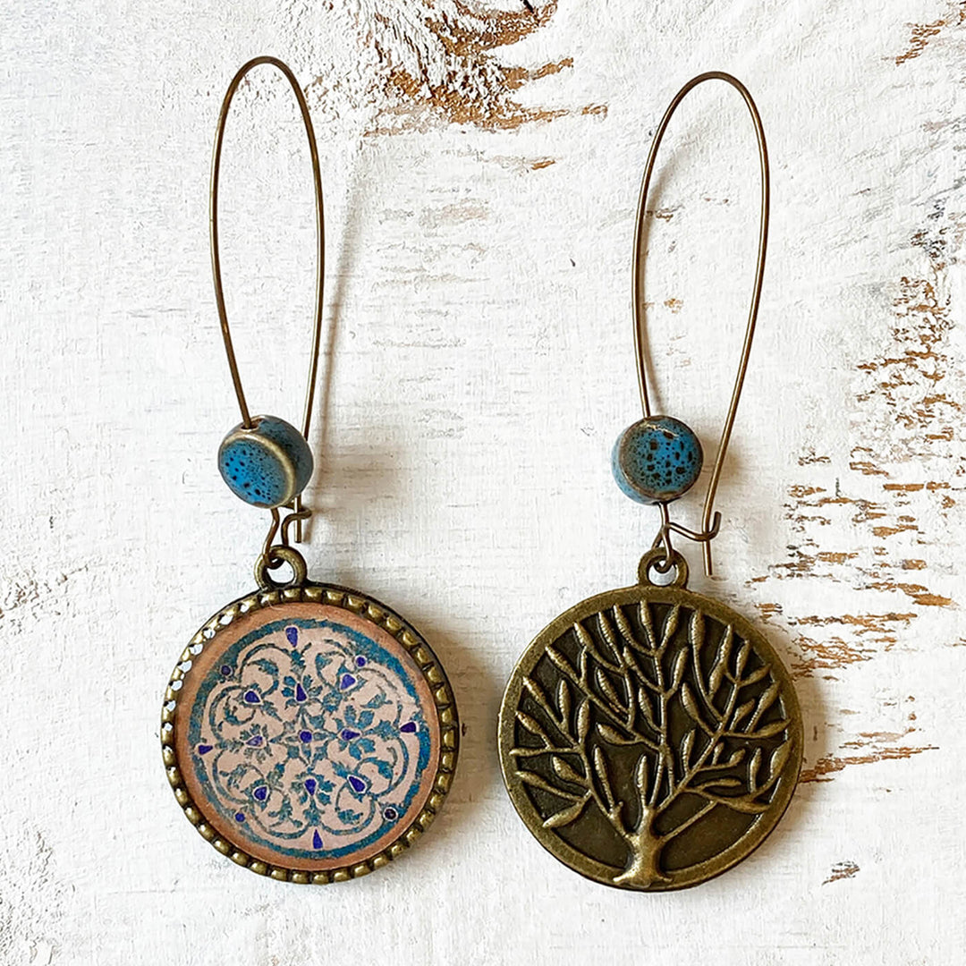 Hoop Earrings with Ceramic Bead - Orchcha Inlay Medallion