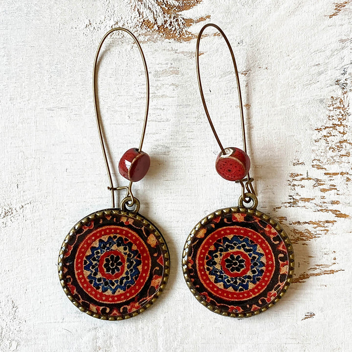 Hoop Earrings with Ceramic Bead - Ajrakh Medallion