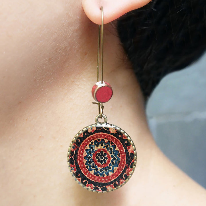 Hoop Earrings with Ceramic Bead - Ajrakh Medallion