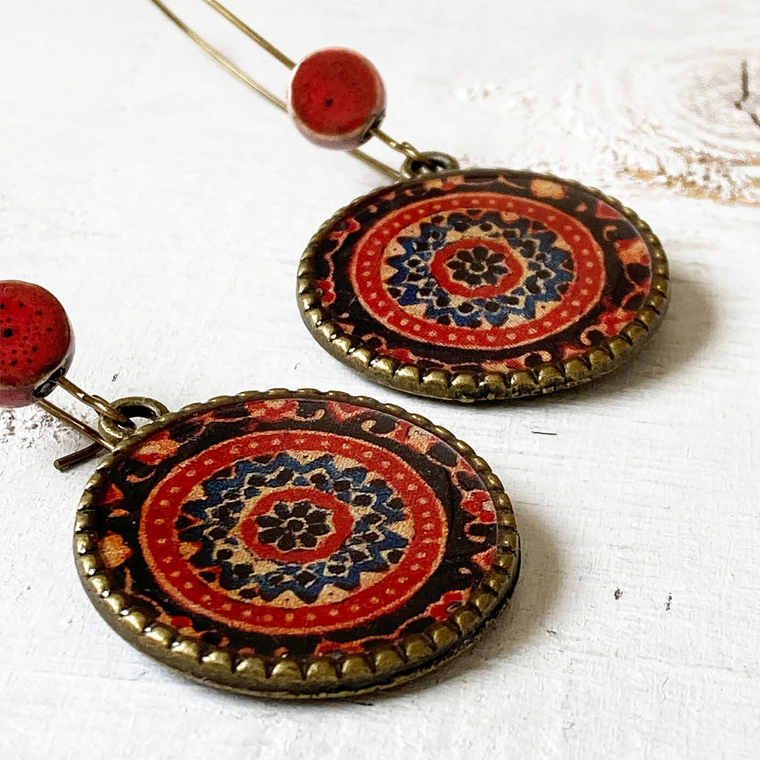 Hoop Earrings with Ceramic Bead - Ajrakh Medallion