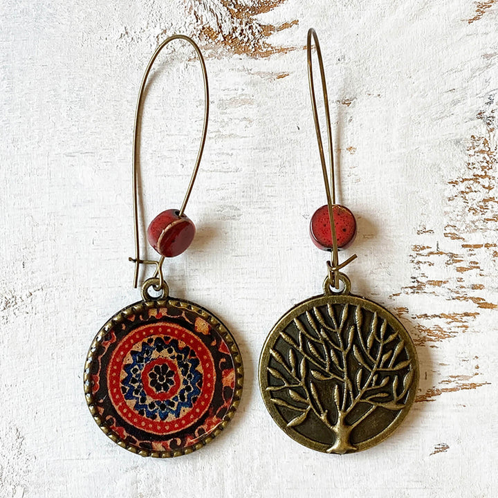 Hoop Earrings with Ceramic Bead - Ajrakh Medallion