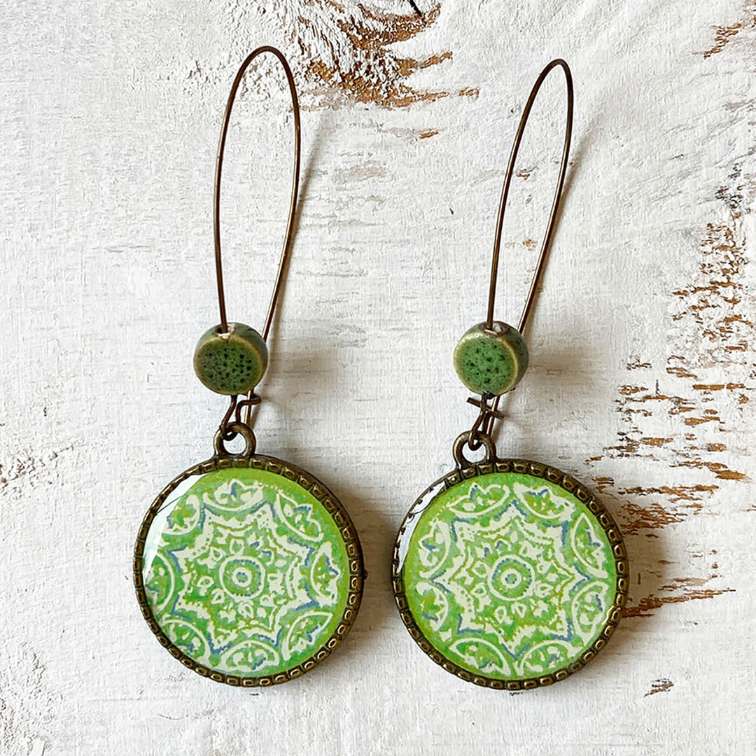 Hoop Earrings with Ceramic Bead - Green Ceramic Tile