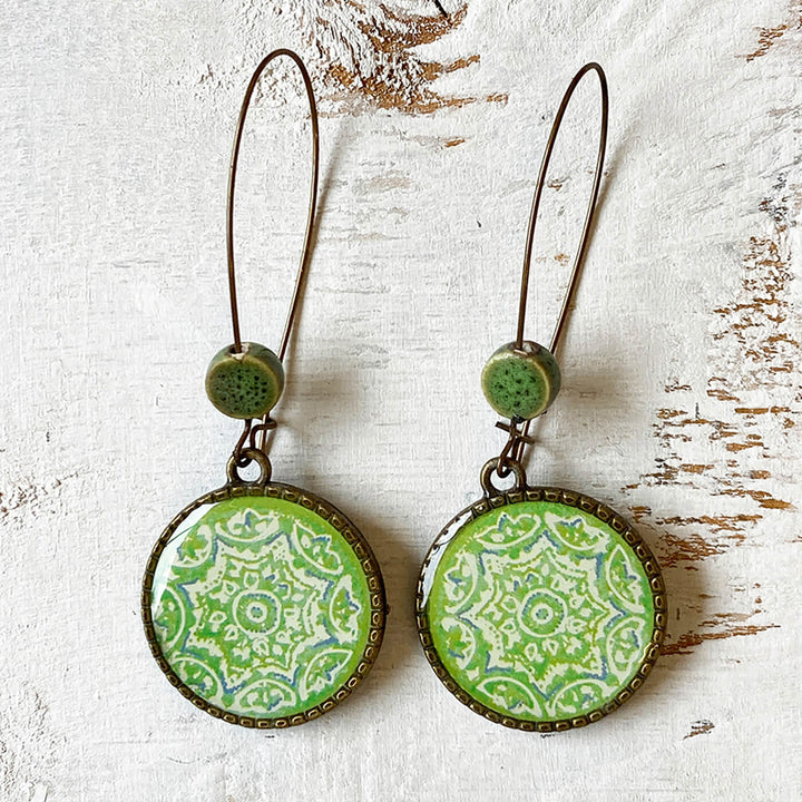 Hoop Earrings with Ceramic Bead - Green Ceramic Tile