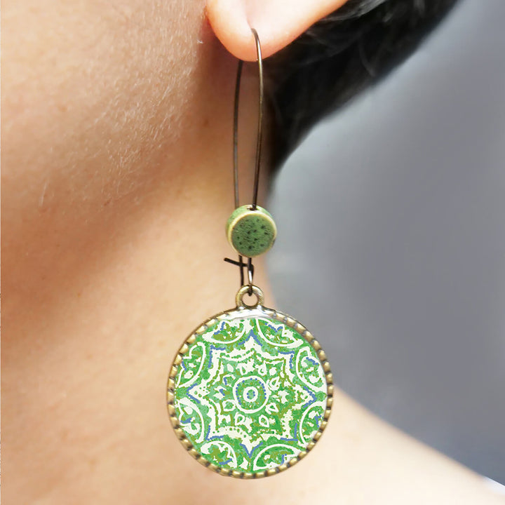 Hoop Earrings with Ceramic Bead - Green Ceramic Tile
