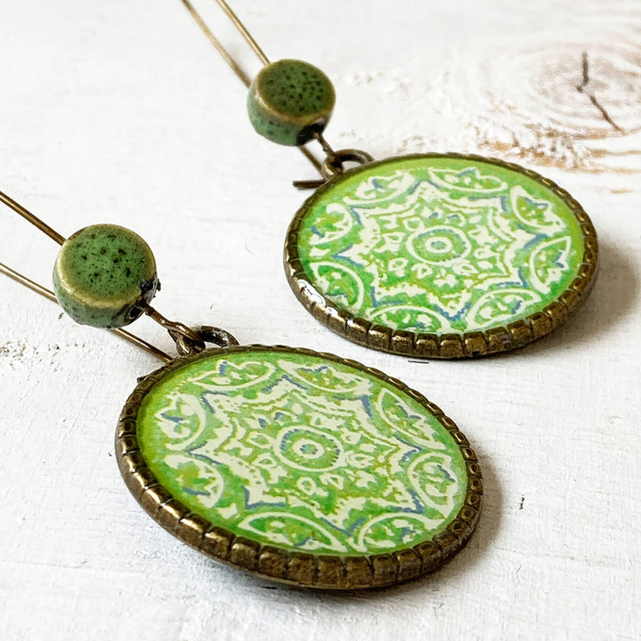 Hoop Earrings with Ceramic Bead - Green Ceramic Tile
