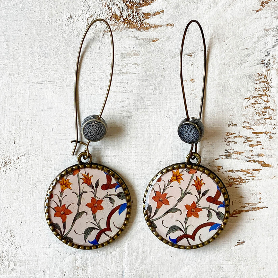 Hoop Earrings with Ceramic Bead - Jaipur Mural Floral Print - Zwende