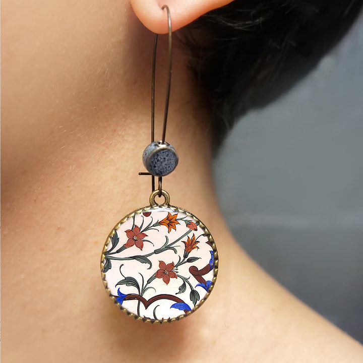 Hoop Earrings with Ceramic Bead - Jaipur Mural Floral Print - Zwende