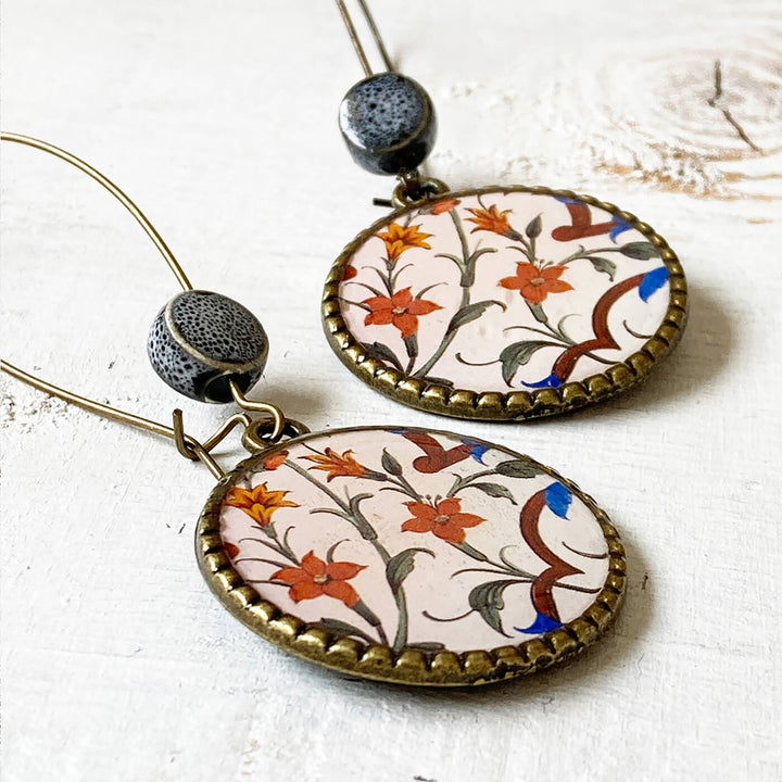 Hoop Earrings with Ceramic Bead - Jaipur Mural Floral Print - Zwende