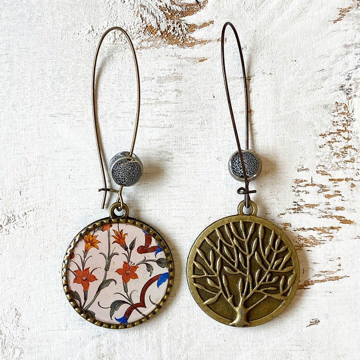 Hoop Earrings with Ceramic Bead - Jaipur Mural Floral Print - Zwende