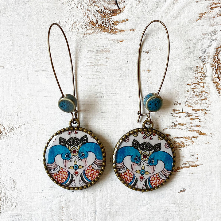 Hoop Earrings with Ceramic Bead - Kalamkari Peacock