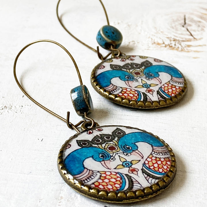 Hoop Earrings with Ceramic Bead - Kalamkari Peacock