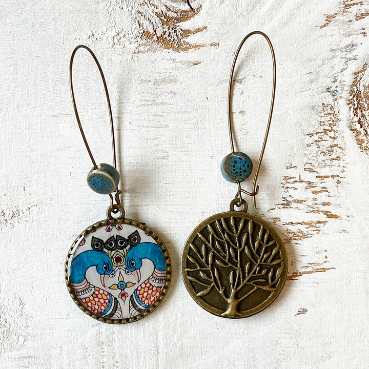 Hoop Earrings with Ceramic Bead - Kalamkari Peacock