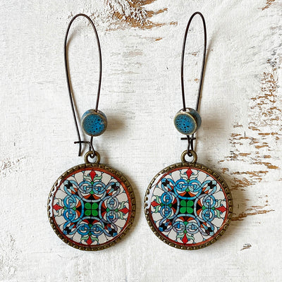 Hoop Earrings with Ceramic Bead - Stained Glass Print