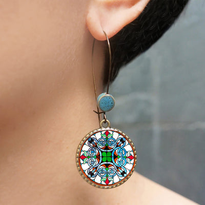 Hoop Earrings with Ceramic Bead - Stained Glass Print