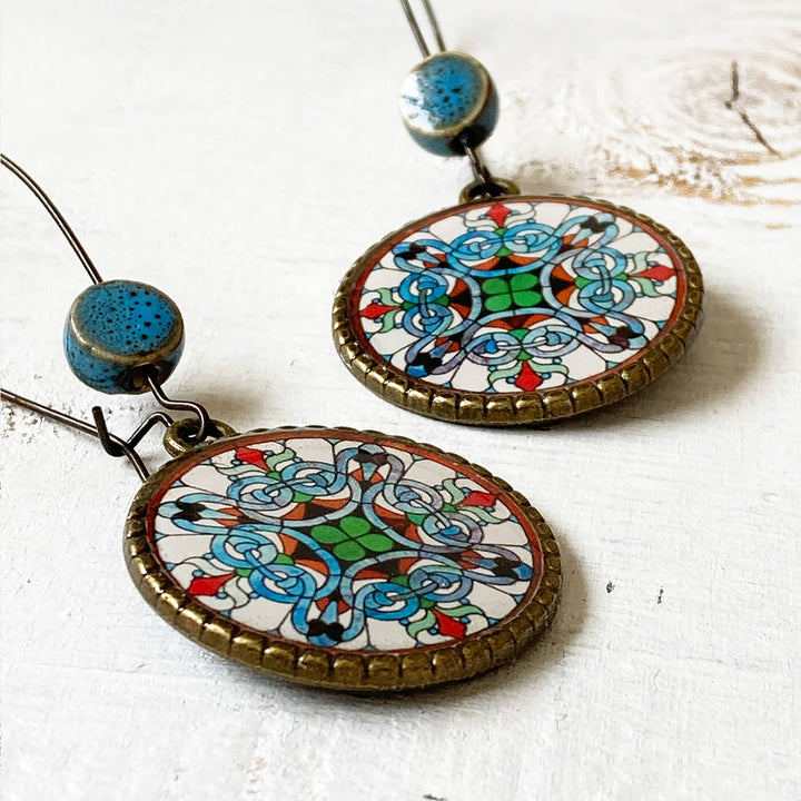 Hoop Earrings with Ceramic Bead - Stained Glass Print