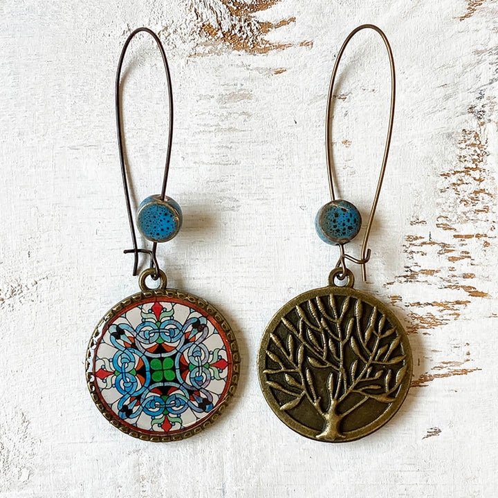 Hoop Earrings with Ceramic Bead - Stained Glass Print