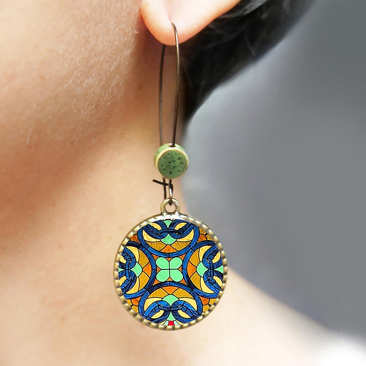 Hoop Earrings with Ceramic Bead - Stained Glass Print