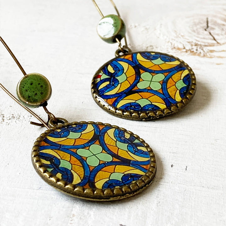 Hoop Earrings with Ceramic Bead - Stained Glass Print