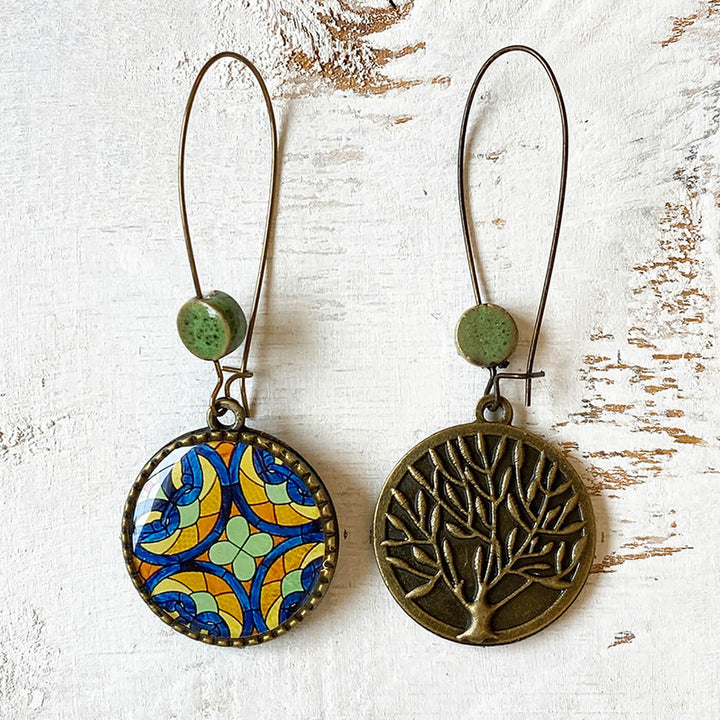 Hoop Earrings with Ceramic Bead - Stained Glass Print