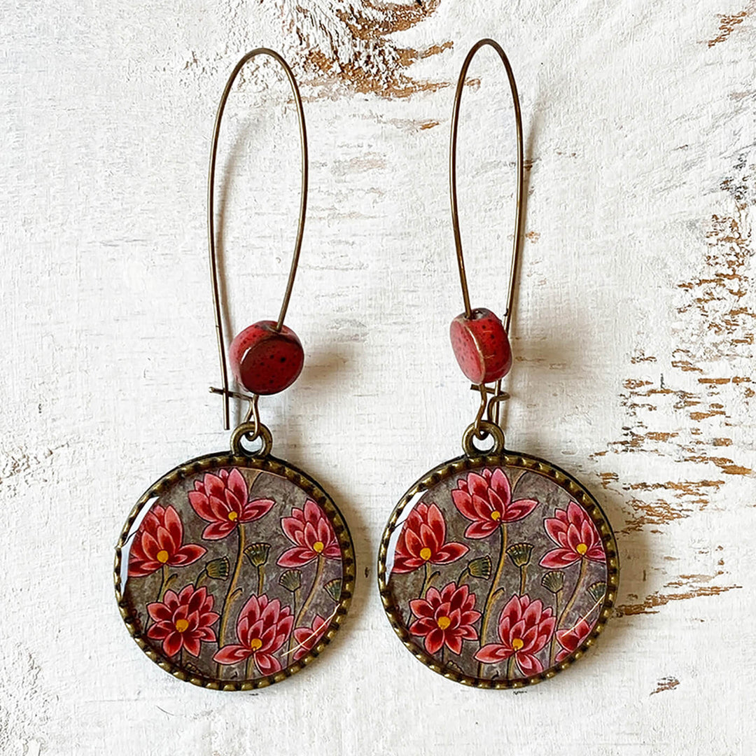 Hoop Earrings with Ceramic Bead - Lotus