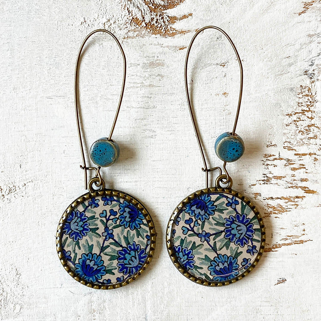 Hoop Earrings with Ceramic Bead - Kashida Blue Flowers