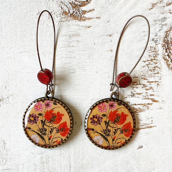Hoop Earrings with Ceramic Bead - Mughal Flowers