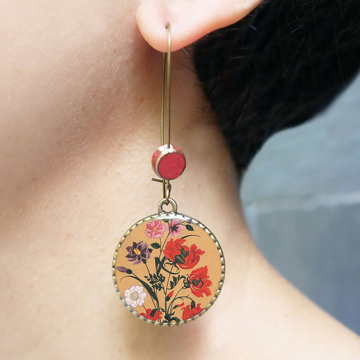Hoop Earrings with Ceramic Bead - Mughal Flowers