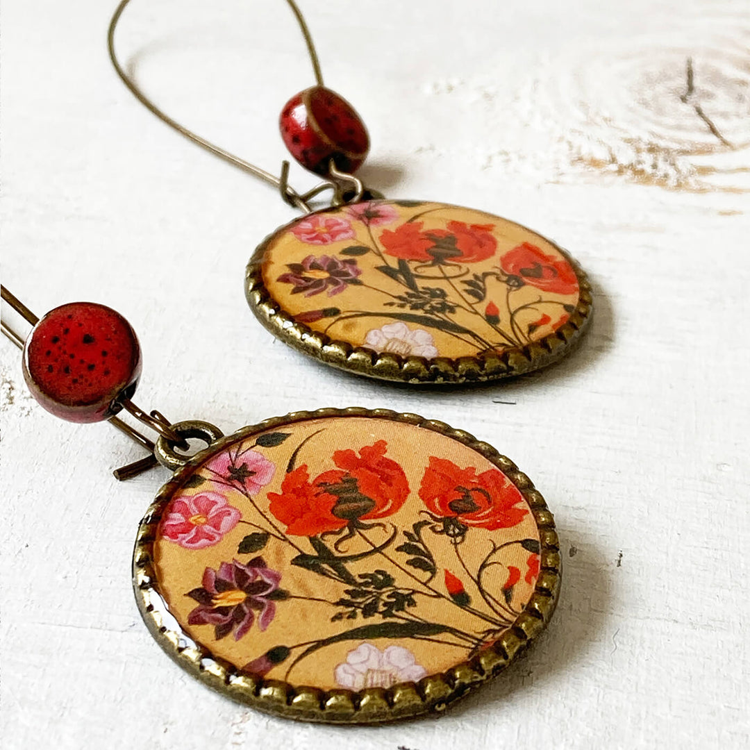 Hoop Earrings with Ceramic Bead - Mughal Flowers