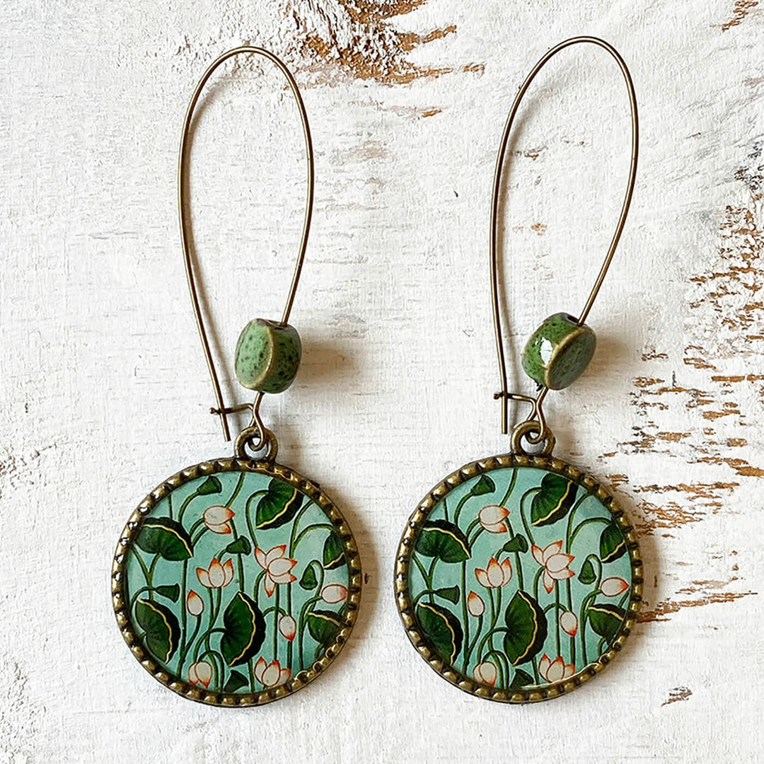 Hoop Earrings with Ceramic Bead - Pichwai Lotus