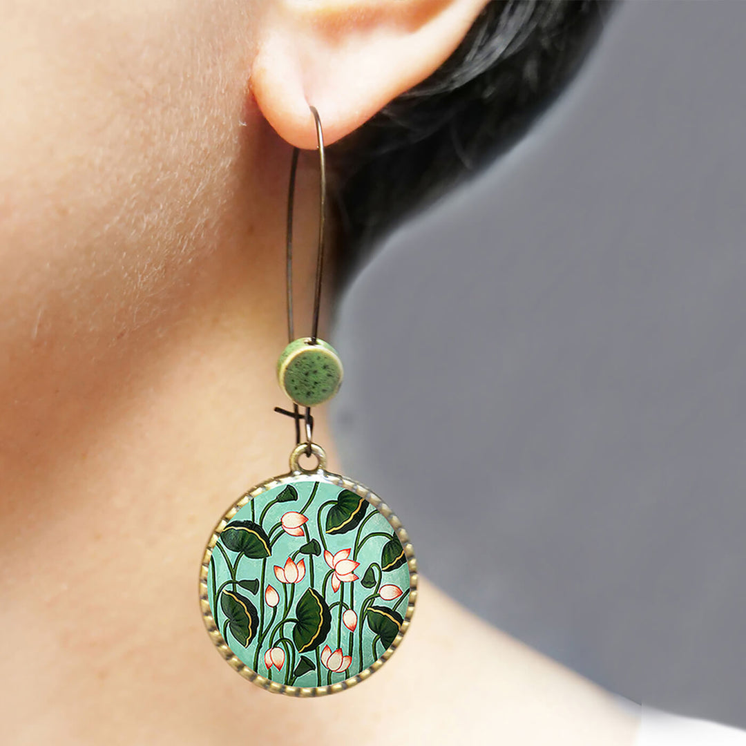 Hoop Earrings with Ceramic Bead - Pichwai Lotus