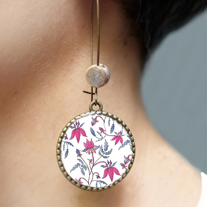Hoop Earrings with Ceramic Bead - Pink Chintz