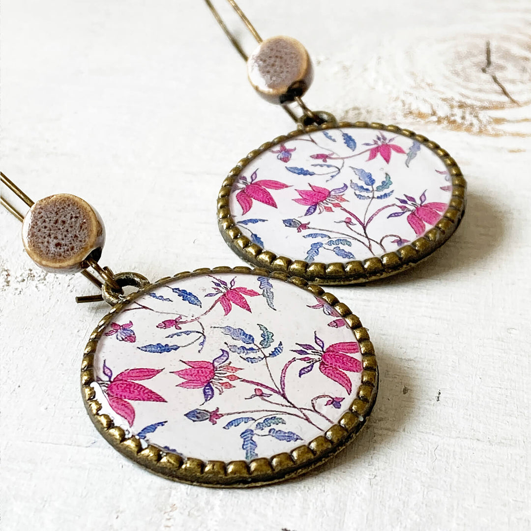 Hoop Earrings with Ceramic Bead - Pink Chintz