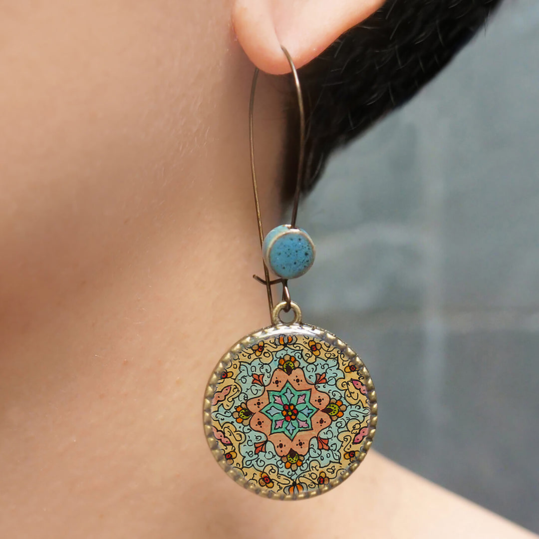 Hoop Earrings with Ceramic Bead - Kashmiri Naqashi
