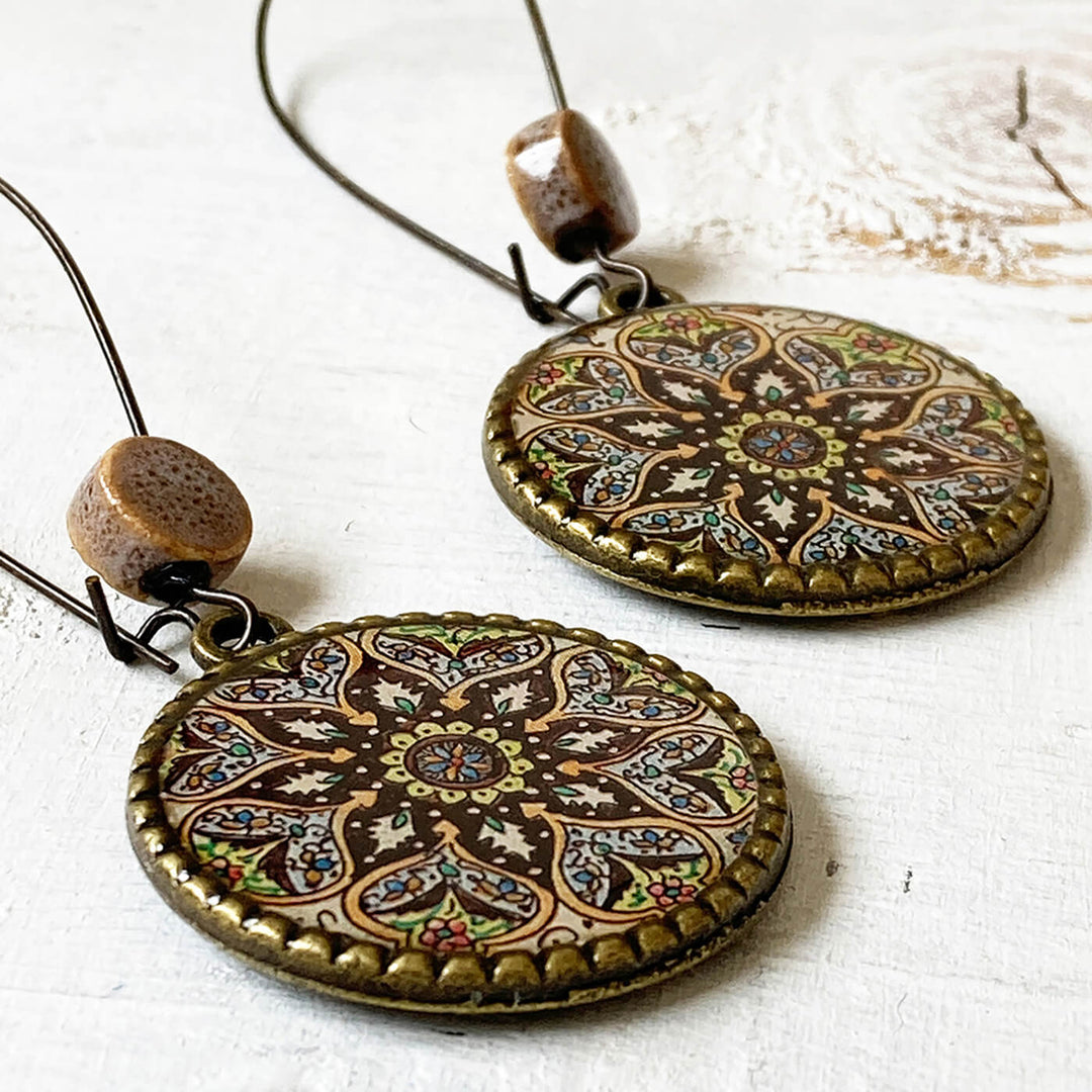 Hoop Earrings with Ceramic Bead - Kashmiri Naqashi - Zwende