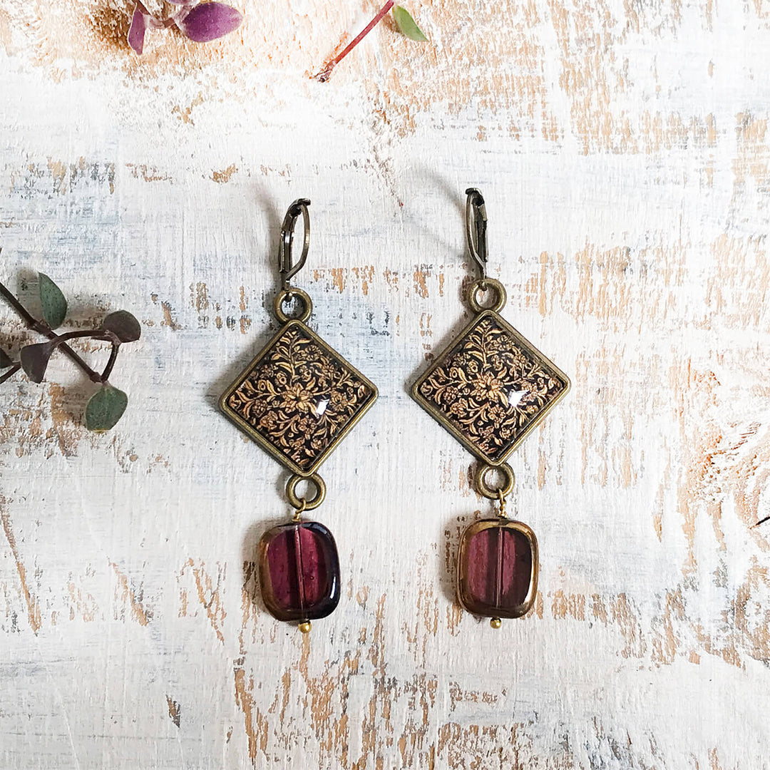 Kashmiri Art Metal Earrings With Glass Beads - Gold Leaf Medallion Rhombus