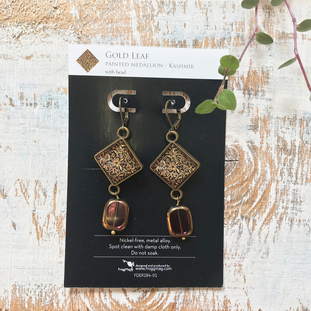 Kashmiri Art Metal Earrings With Glass Beads - Gold Leaf Medallion Rhombus