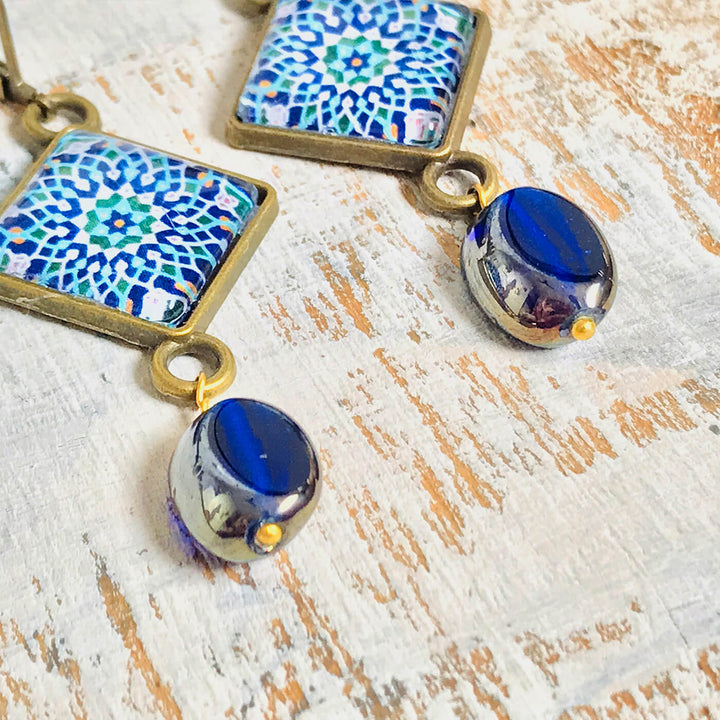 Mosaic Art Metal Earrings With Glass Beads - Islamic Pattern Rhombus