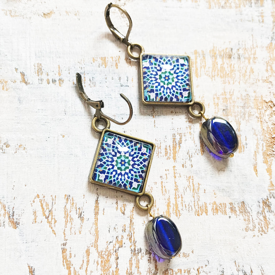 Mosaic Art Metal Earrings With Glass Beads - Islamic Pattern Rhombus