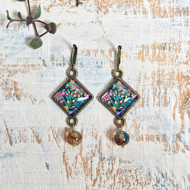 Kashmiri Art Metal Earrings With Glass Beads - Hazaara Naqashi Rhombus