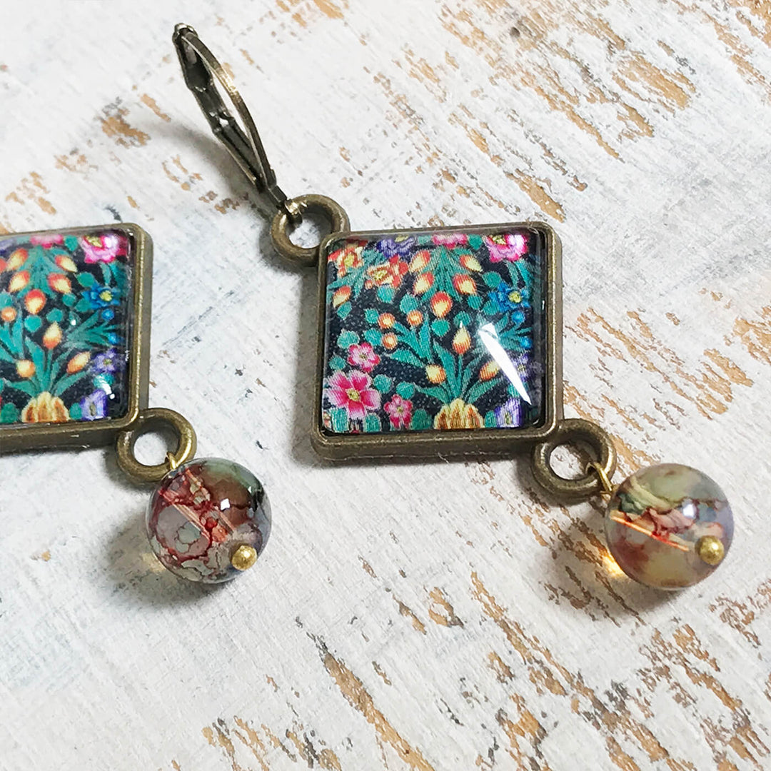 Kashmiri Art Metal Earrings With Glass Beads - Hazaara Naqashi Rhombus